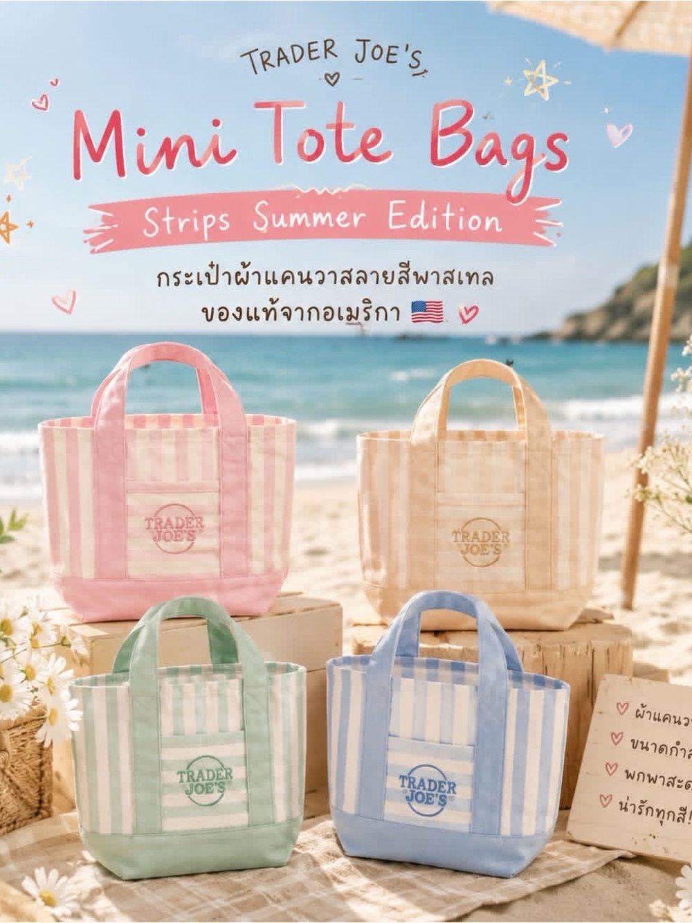 NWT Trader Joe's Mini Striped Canvas Tote Bag - Limited Edition Summer 2026